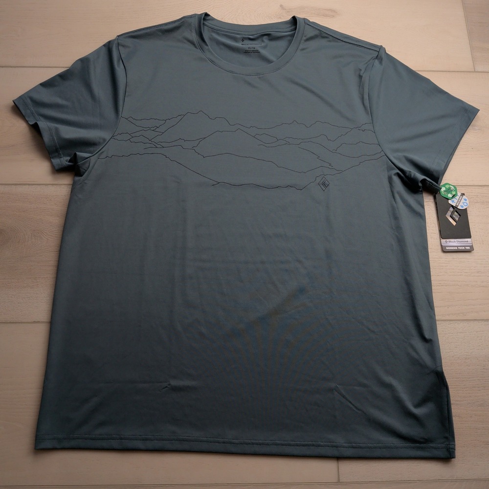 NEW Black Diamond Genesis Tech Tee Shirt Mens XL Storm Blue Mountain Print Climb